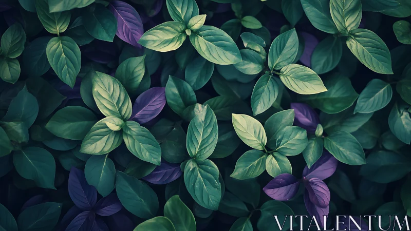 Verdant and violet foliage pattern in soft moody light.