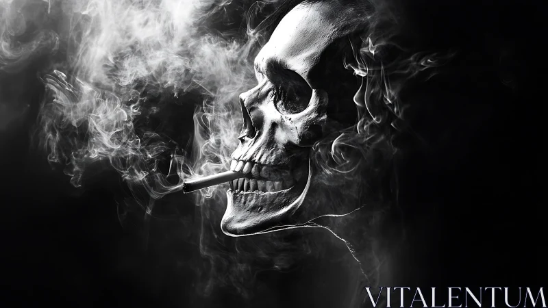 Monochrome skeletal profile exhaling dense cigarette smoke.