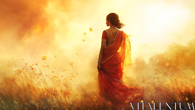 Woman in red sari walks through golden sunset meadow in silence