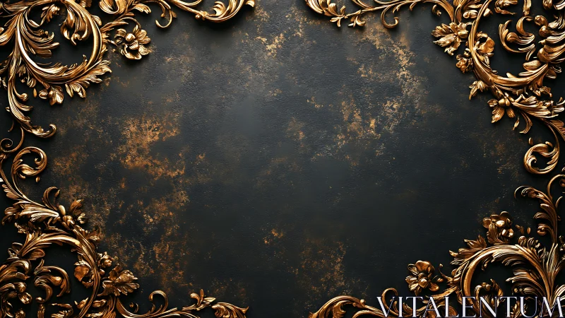 Ornate gold floral corner frames surround textured dark panel