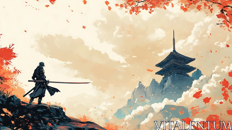 Lone katana warrior on cliff facing distant mountain pagoda