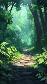 Luminous Forest Pathway Through Dense Verdant Canopy.