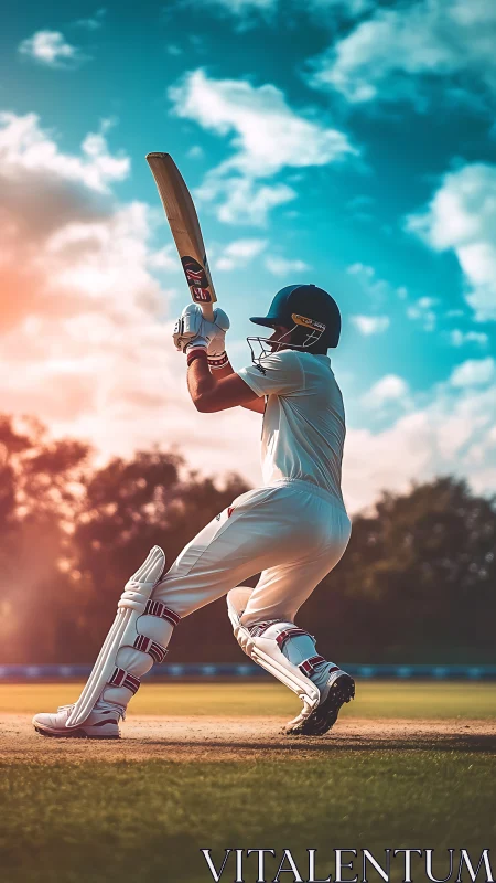 Cricket batter drives ball under vivid sunset sky.