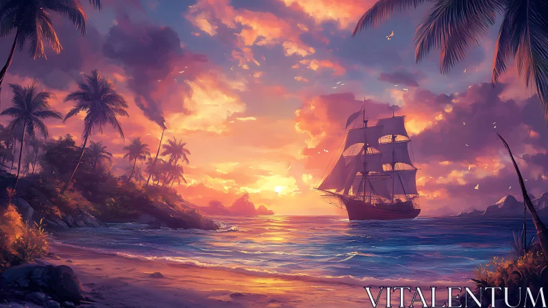 Sailing ship offshore near tropical coastline at sunset.