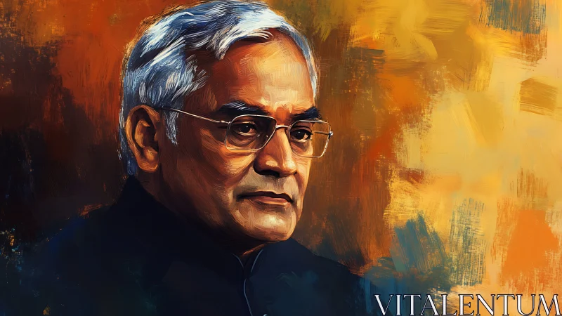 Stoic silver haired statesman amid molten sunset brushstrokes.