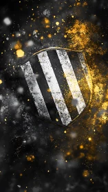 Monochrome striped shield amid black and gold splatter field.