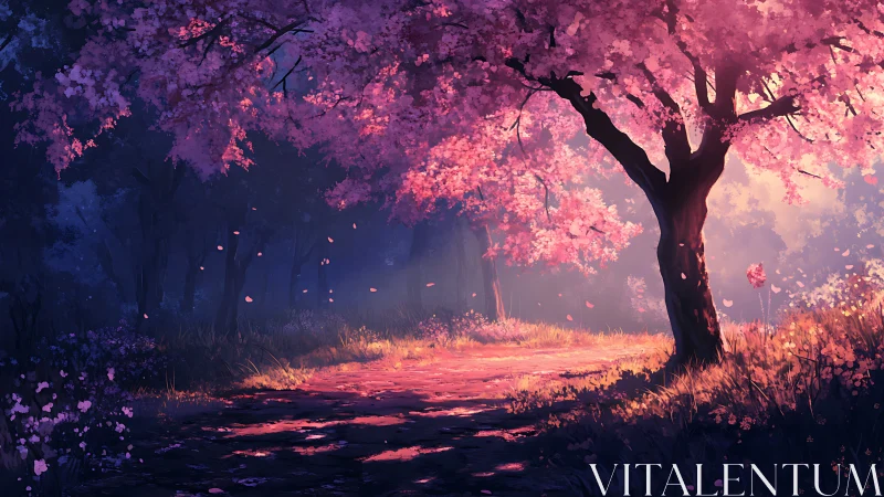 Digital painting of sunlit cherry grove with petal-strewn path.