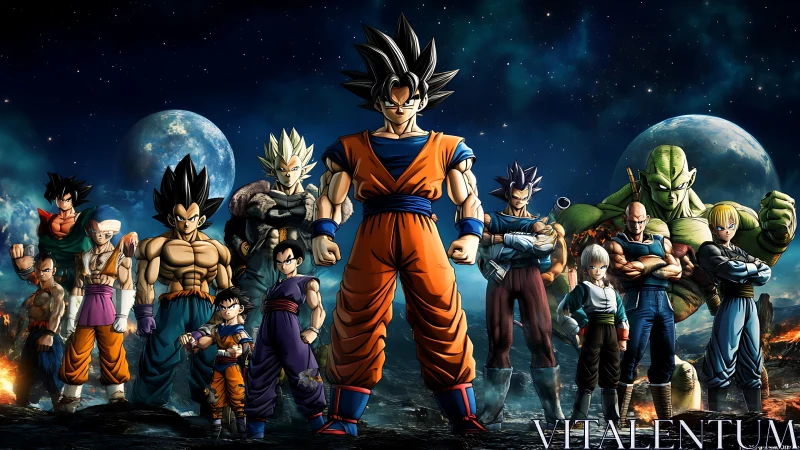 Group of anime warriors posed on rocky extraterrestrial terrain.