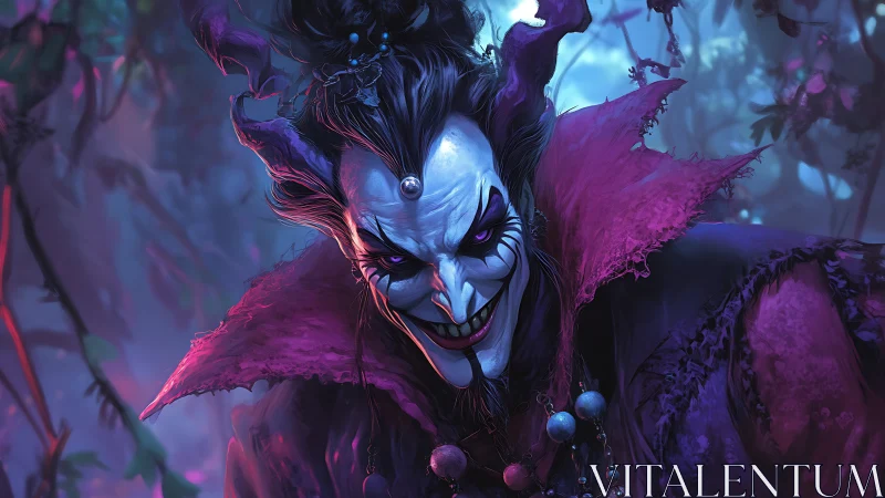 Dark jester portrait in saturated fantasy digital painting.