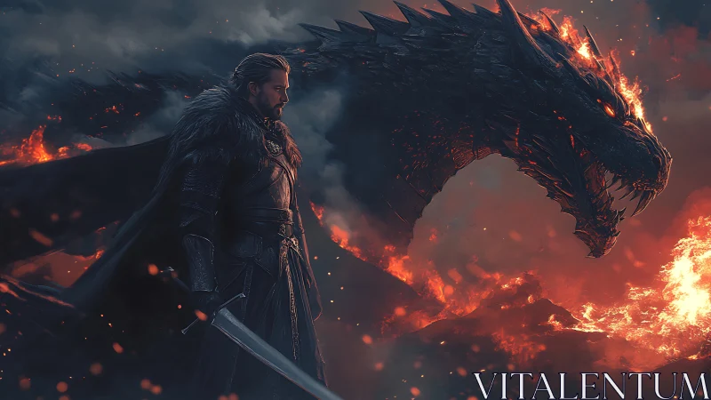 Armored swordsman stands before large firelit dragon