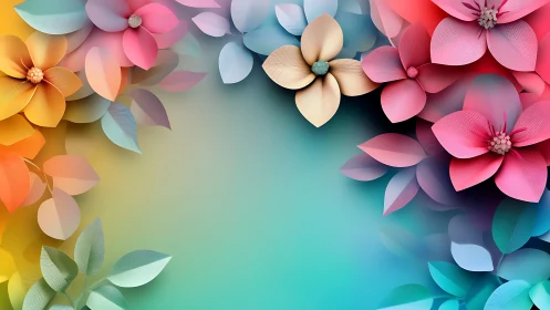 Layered pastel blossoms frame soft cyan gradient space.