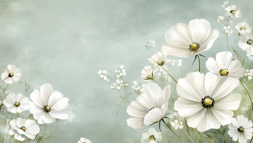 White Cosmos Flowers Against Soft Sage Background.
