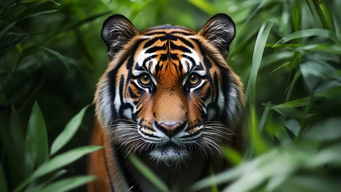 Tiger portrait emerging from dense green jungle foliage.