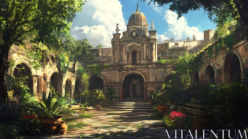 Digital painting of overgrown baroque cloister courtyard scene.