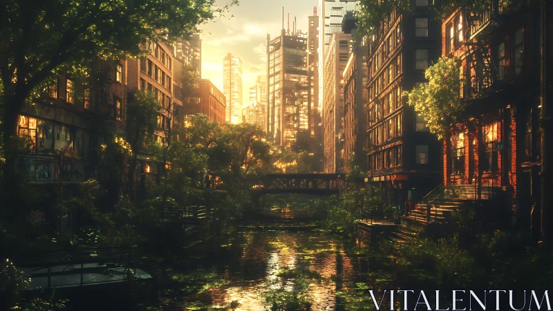 Sunlit urban canal corridor shows dense vegetation growth