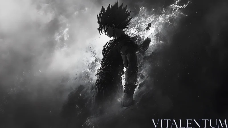 Monochrome anime warrior emerging through swirling smoke.