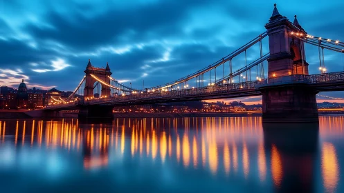 Golden bridge lights glow softly over a peaceful blue river