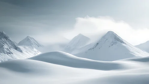 Minimalist snow dunes before misty mountain peaks.