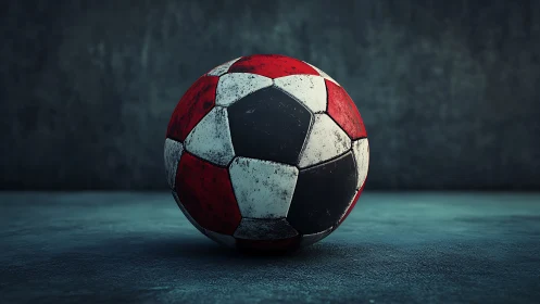 Weathered red and white soccer ball on dark floor surface.