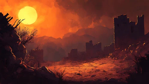 Ruined fortress under large sun on a barren red plain.