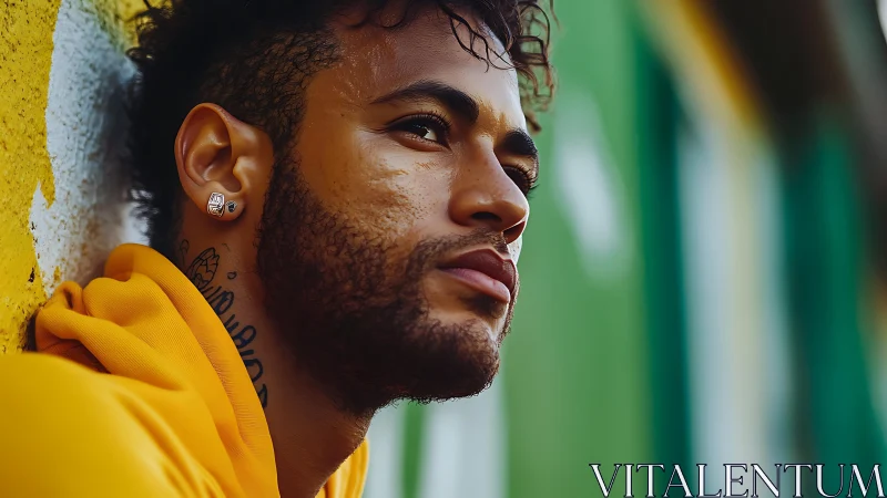 Profile portrait of thoughtful man in golden urban light.