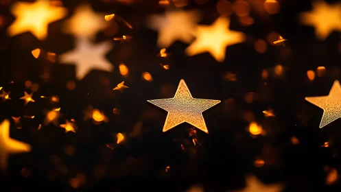 Glowing golden stars drift through a dreamy dark night.