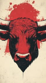 Red bull head illustration with bold splatter background.