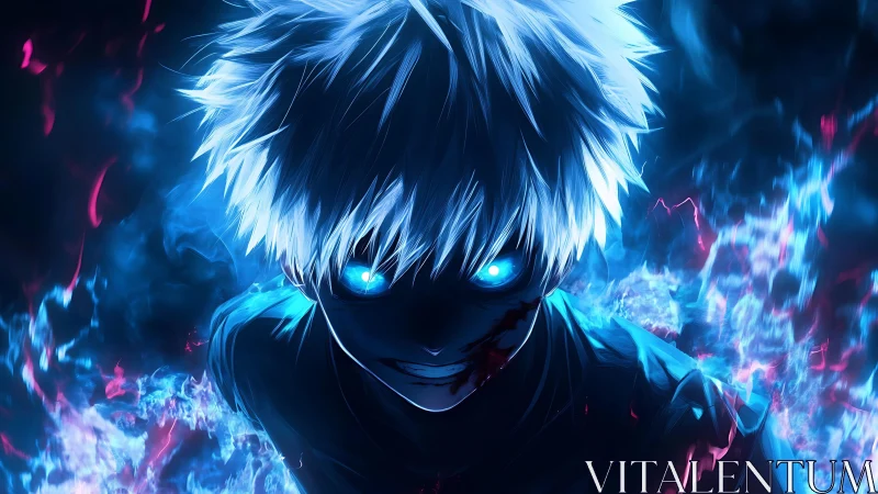 Glowing-eyed anime antihero emerges from crackling blue flame.