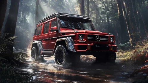 Red off-road SUV driving through shallow forest stream.