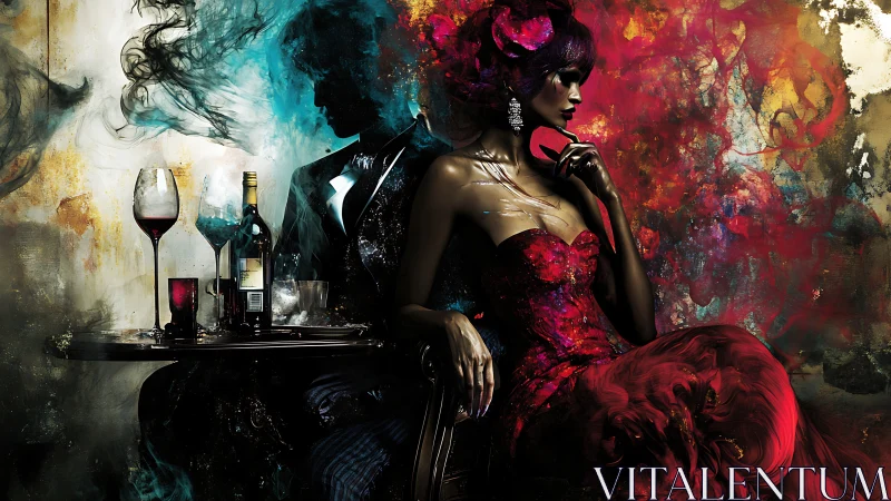 Elegant woman in red gown shares table with shadow lover