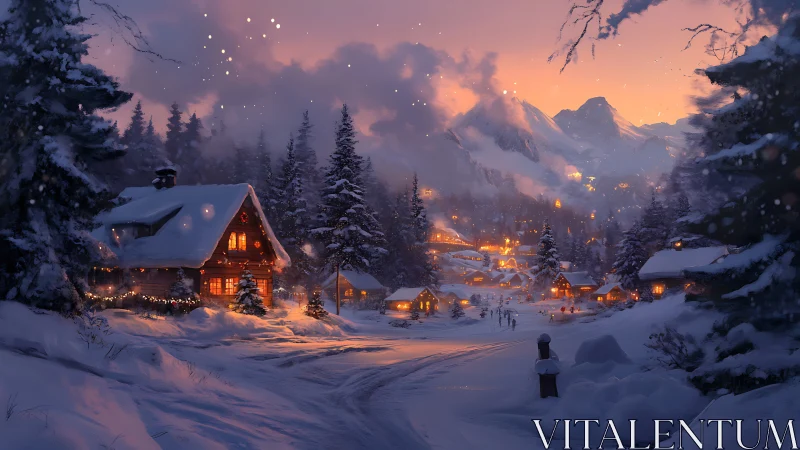 Snowlit mountain village glowing under ember-kissed dusk.