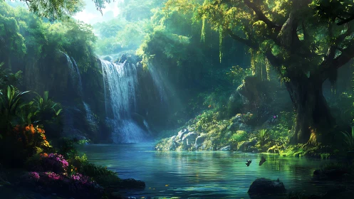 Lush forest waterfall over tranquil pool in soft light.