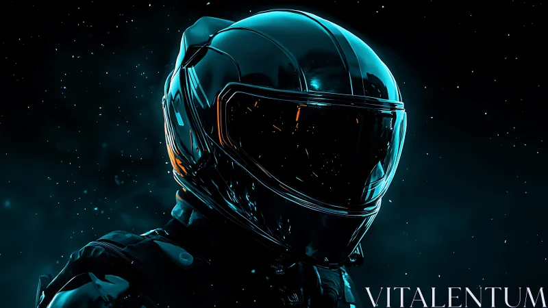 Lone space rider in a glowing teal starry night visor.