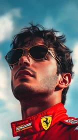 Racing driver portrait in red Ferrari suit under sky.