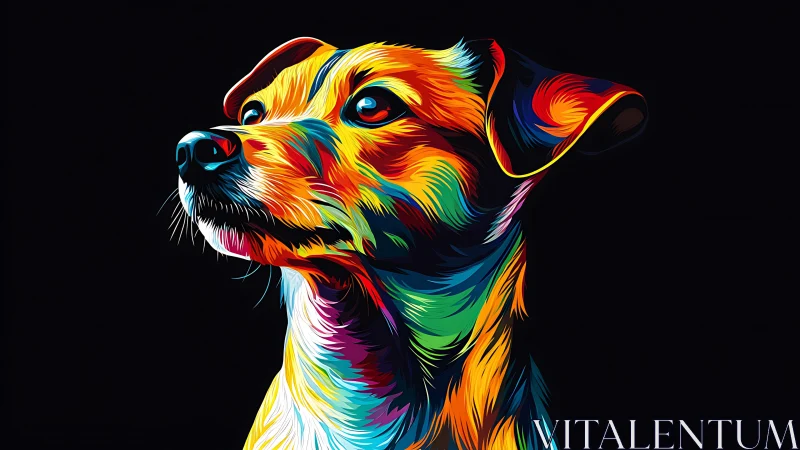 Color-drenched dog portrait glows against deep black backdrop.