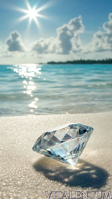 Sunlit crystal diamond rests on a tranquil tropical shoreline