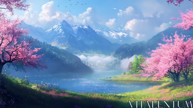 Blossoming lakeside valley under crystalline alpine peaks.