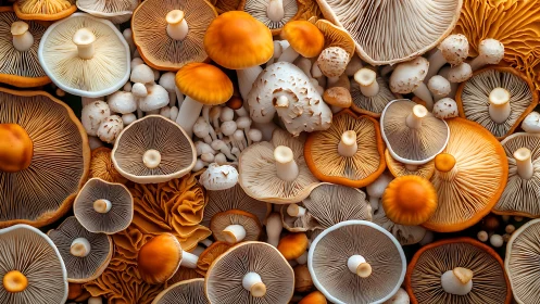 Cozy forest mushroom medley in soft golden-orange tones.