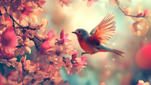 Gentle songbird hovering among dreamy spring blossoms.