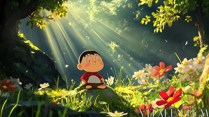Sunlit child rests quietly in a luminous forest clearing.