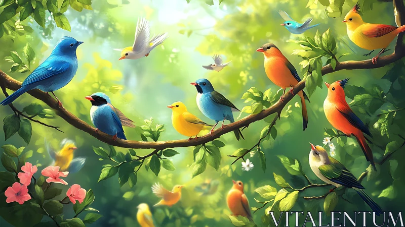 Vibrant Songbirds on Branches in Lush Sunlit Forest, Digital Art.
