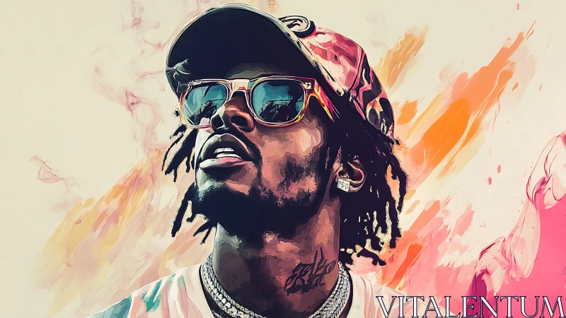 Stylized vector portrait of rapper with neon gradients and bokeh lighting