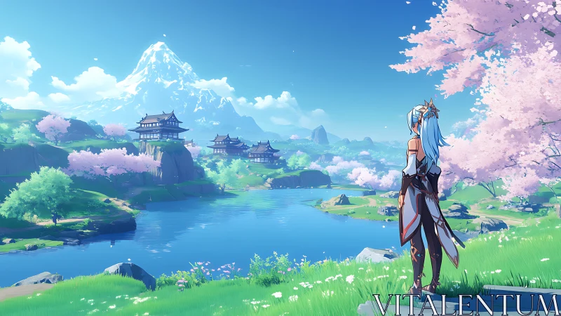 Anime landscape with cherry blossoms and distant snow peak.