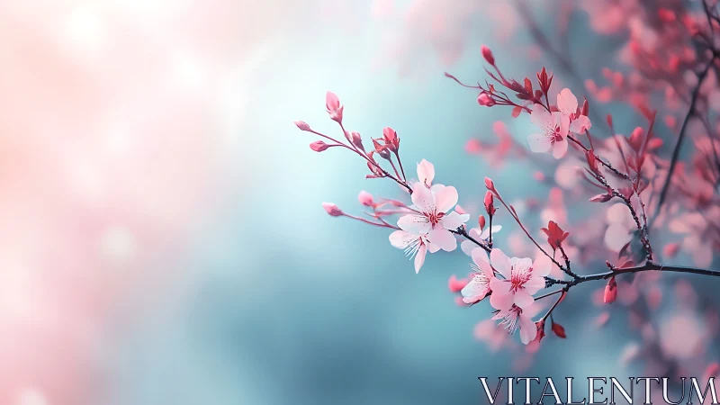 Soft-focus cherry blossoms emerge against pastel bokeh field