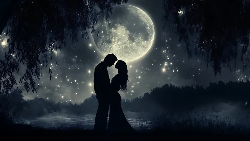 Moonlit Embrace by Water: Romantic Silhouette Under Stars