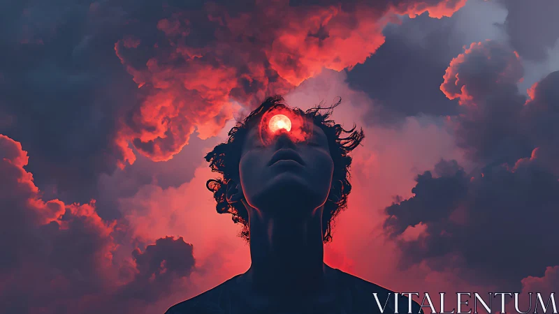 Surreal figure under crimson clouds channels inner cosmic light
