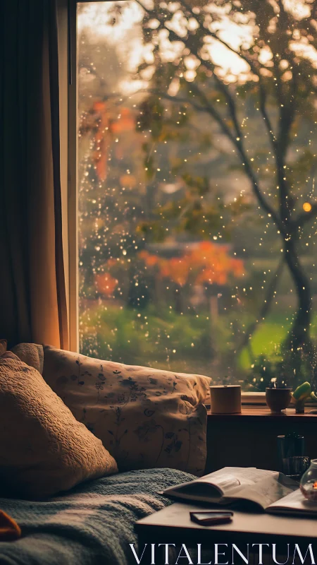 Cozy sofa corner faces rain‑streaked window at autumn dusk
