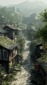 Old stone street in dense traditional hillside village.