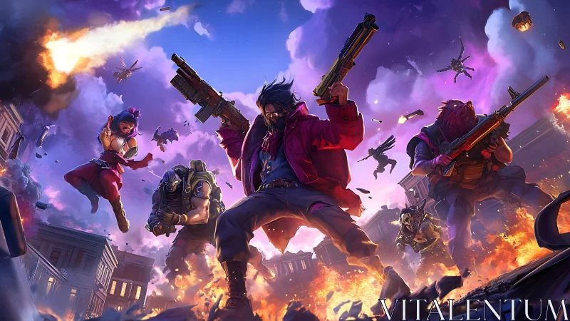 Stormborn renegades leap through neon fire and ruined skies.