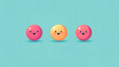 Smiling pastel emoji spheres float on bright teal background.